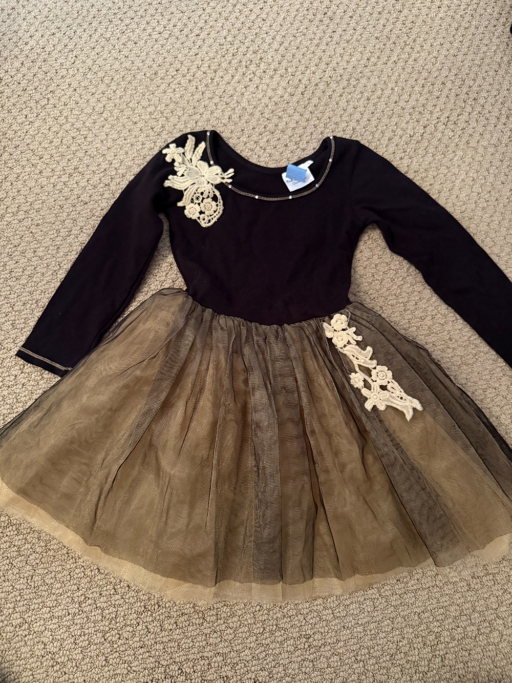 Ooh! La, La! Couture Black Top with Gold Tulle Skirt and Cream Lace Appliqué